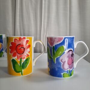 Set of 4 Vintage Inhesion Porcelain Coffee Tea Mugs Cups Watercolor Flowers RARE